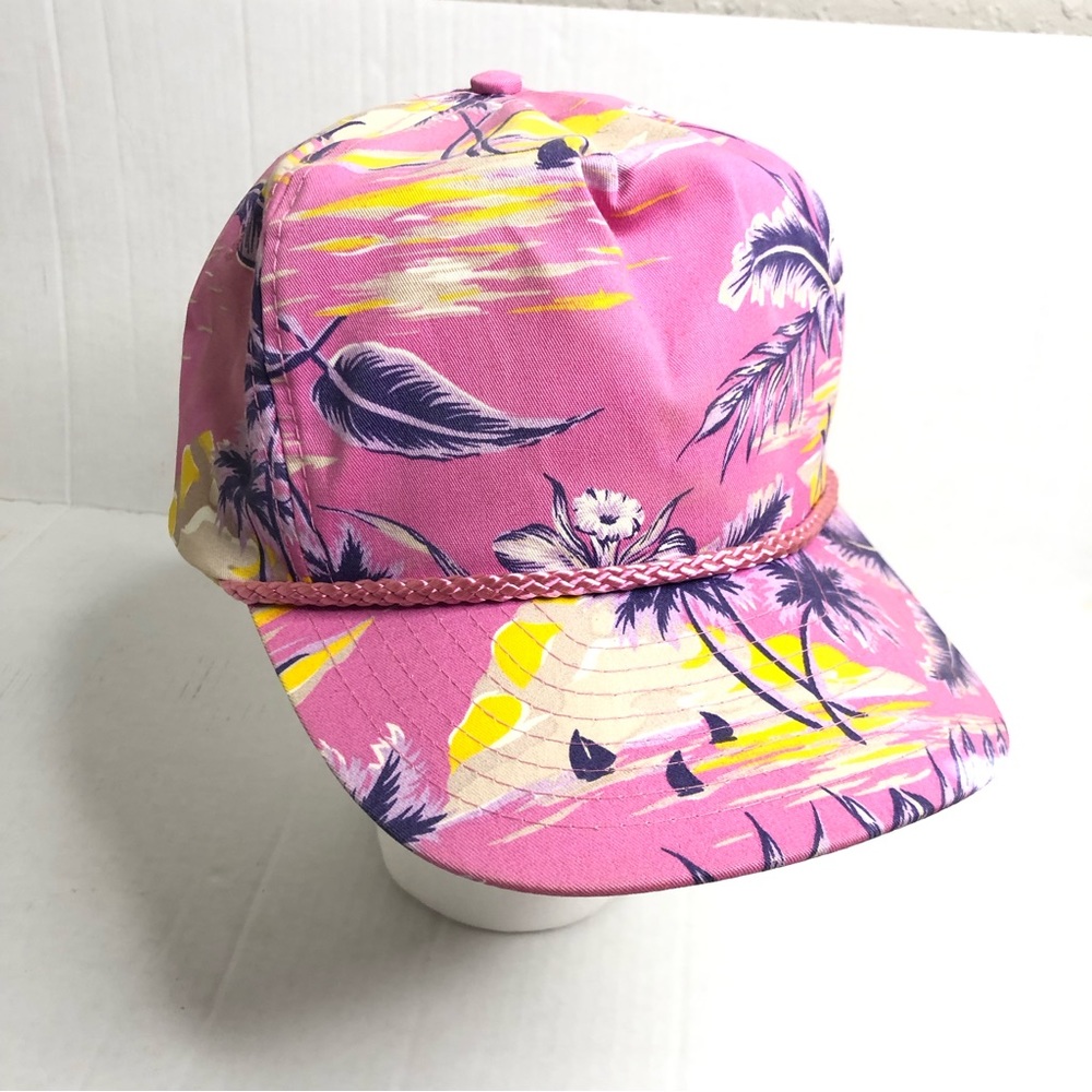 Nissin Tropical Snapback Trucker Hat Vintage Cap Palm Trees Sailboats Pink